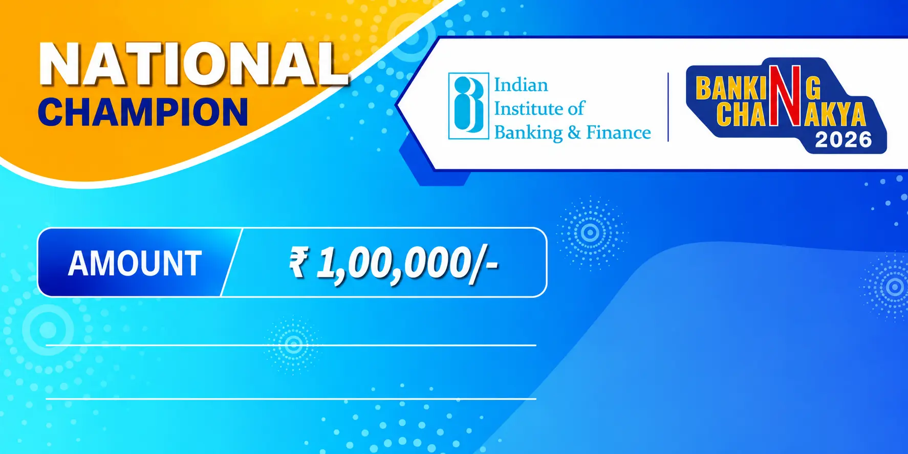 National Champion prize cheque — ₹1,00,000